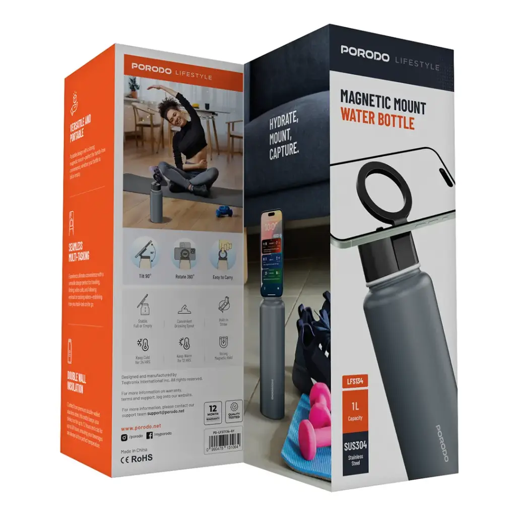 Porodo Lifestyle Magnetic Mount Water Bottle - Grey