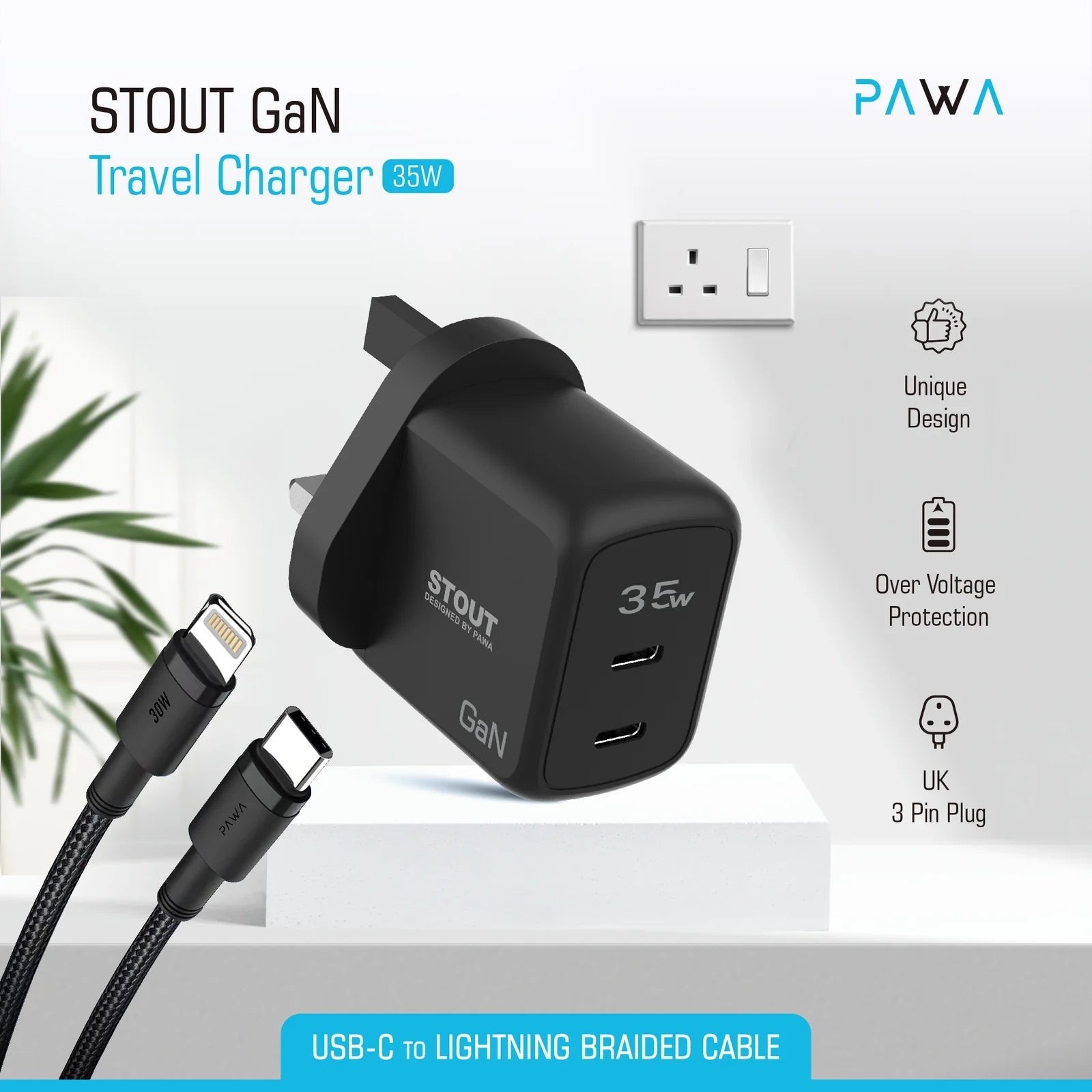 Pawa Stout GaN Travel Charger 35W UK Standard