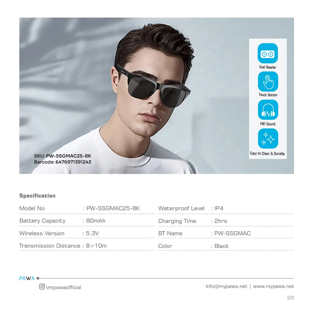 PAWA SMART SUNGLASS WITH MUSIC AND CALL BLACK SSGMAC25-BK PAWA SMART SUNGLASS WITH MUSIC AND CALL BLACK SSGMAC25-BK