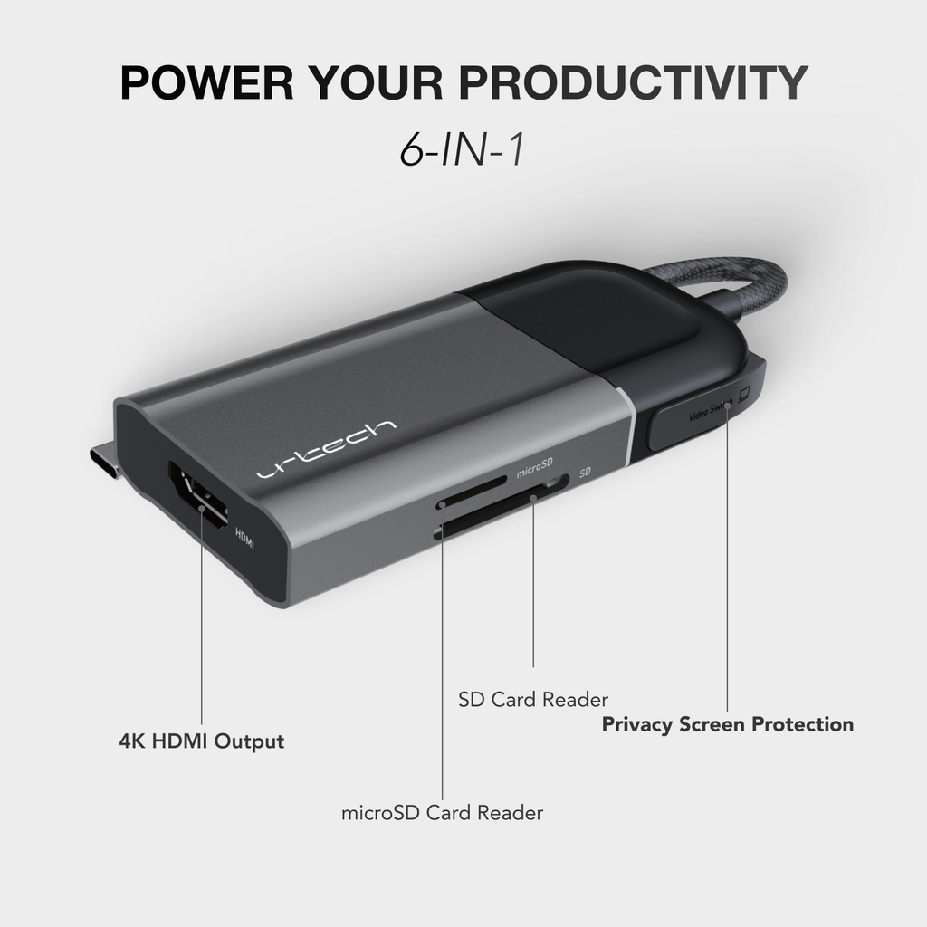 URTECH 6-in-1 USB-C Hub Privacy Screen Protection 4K HDMI SD Card Reader 100W PD Premium Aluminum Design URTECH 6-in-1 USB-C Hub Privacy Screen Protection 4K HDMI SD Card Reader 100W PD Premium Aluminum Design