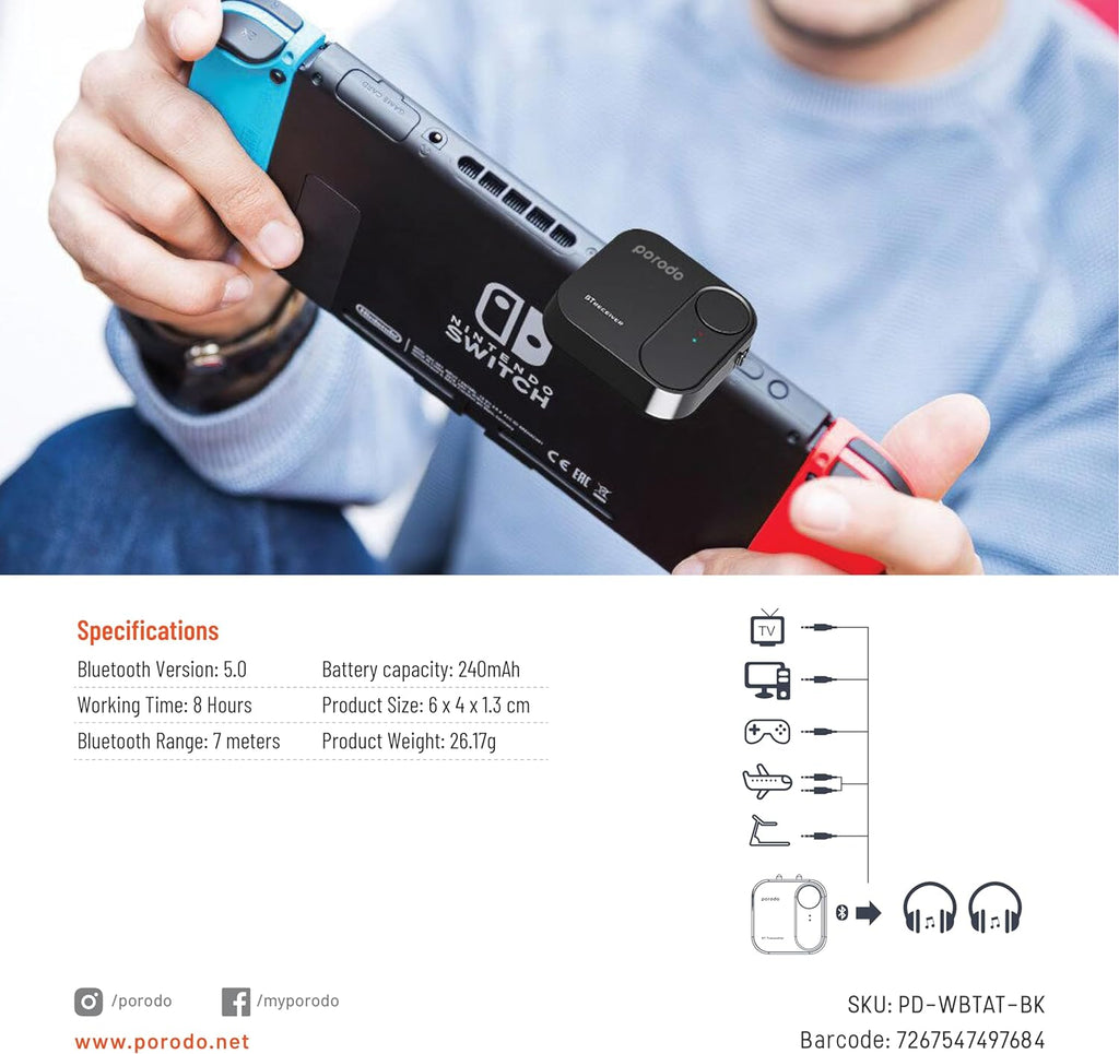 Porodo Wireless Bluetooth Audio Transmitter Dual 3.5mm Porodo Wireless Bluetooth Audio Transmitter Dual 3.5mm