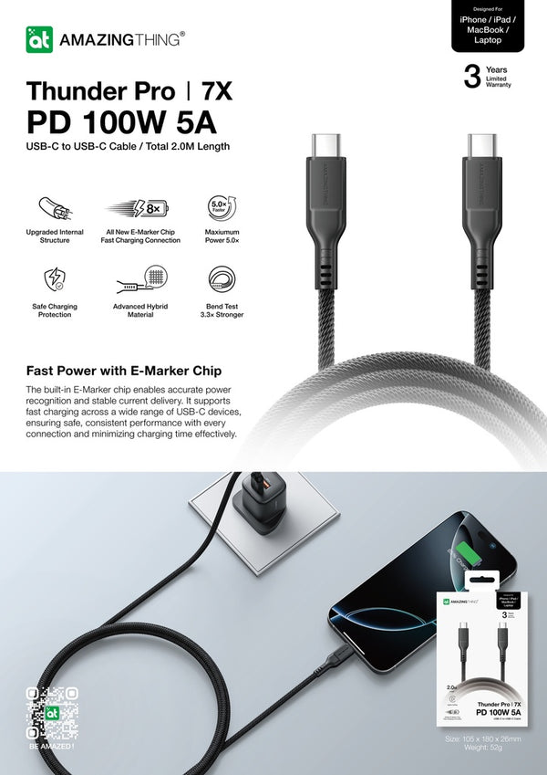 Amazing Thing Thunder Pro 7x USB-C to USB-C 100W 2m Cable Amazing Thing Thunder Pro 7x USB-C to USB-C 100W 2m Cable