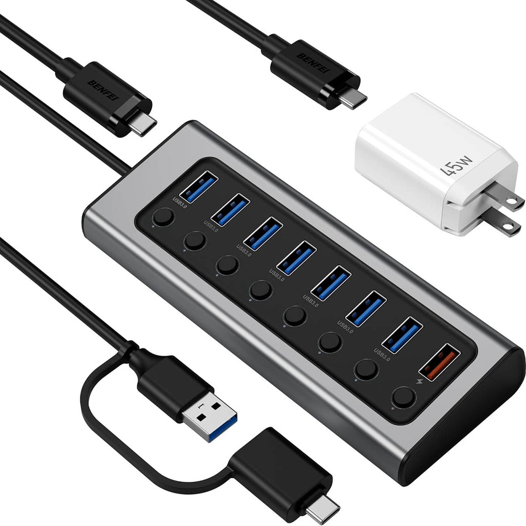 BENFEI 7-Port USB 3.0 Data Hub with BC 1.2 Charging Port, 45W GaN  Dual Type C