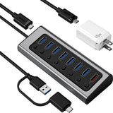 BENFEI 7-Port USB 3.0 Data Hub with BC 1.2 Charging Port, 45W GaN  Dual Type C