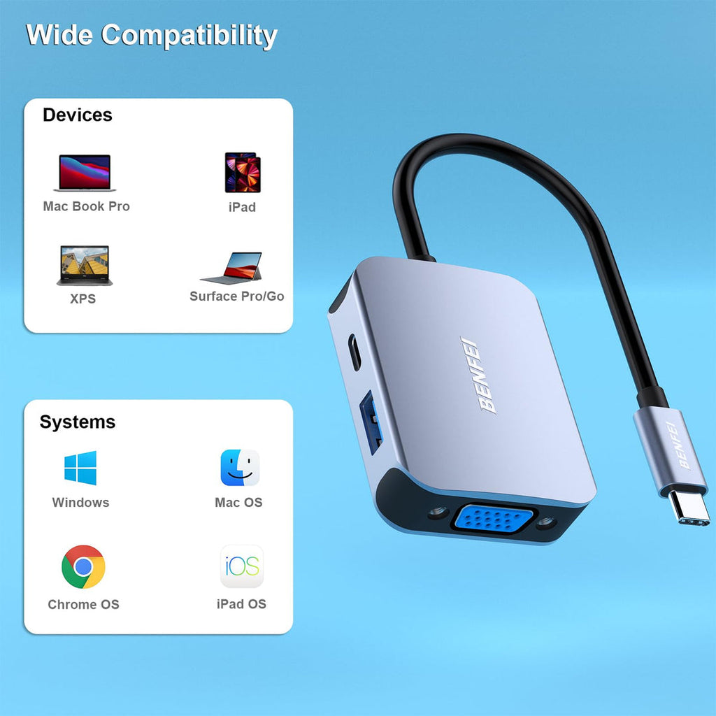 BENFEI Usb C Hub 4in1, Usb Type-C To Hdmi Vga Adapter, Usb C To Usb Adapter BENFEI Usb C Hub 4in1, Usb Type-C To Hdmi Vga Adapter, Usb C To Usb Adapter