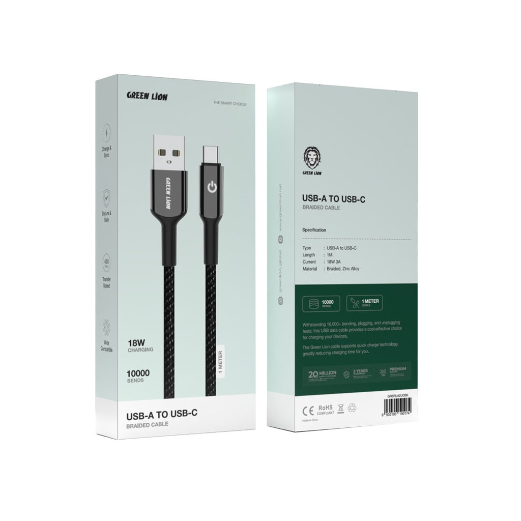 Green Lion USB-A to USB-C Braided Cable - Black Green Lion USB-A to USB-C Braided Cable - Black