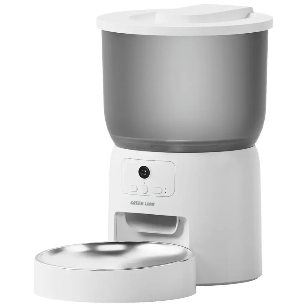 Green Lion Smart Pet Feeder with Stainless Steel Bowl - White