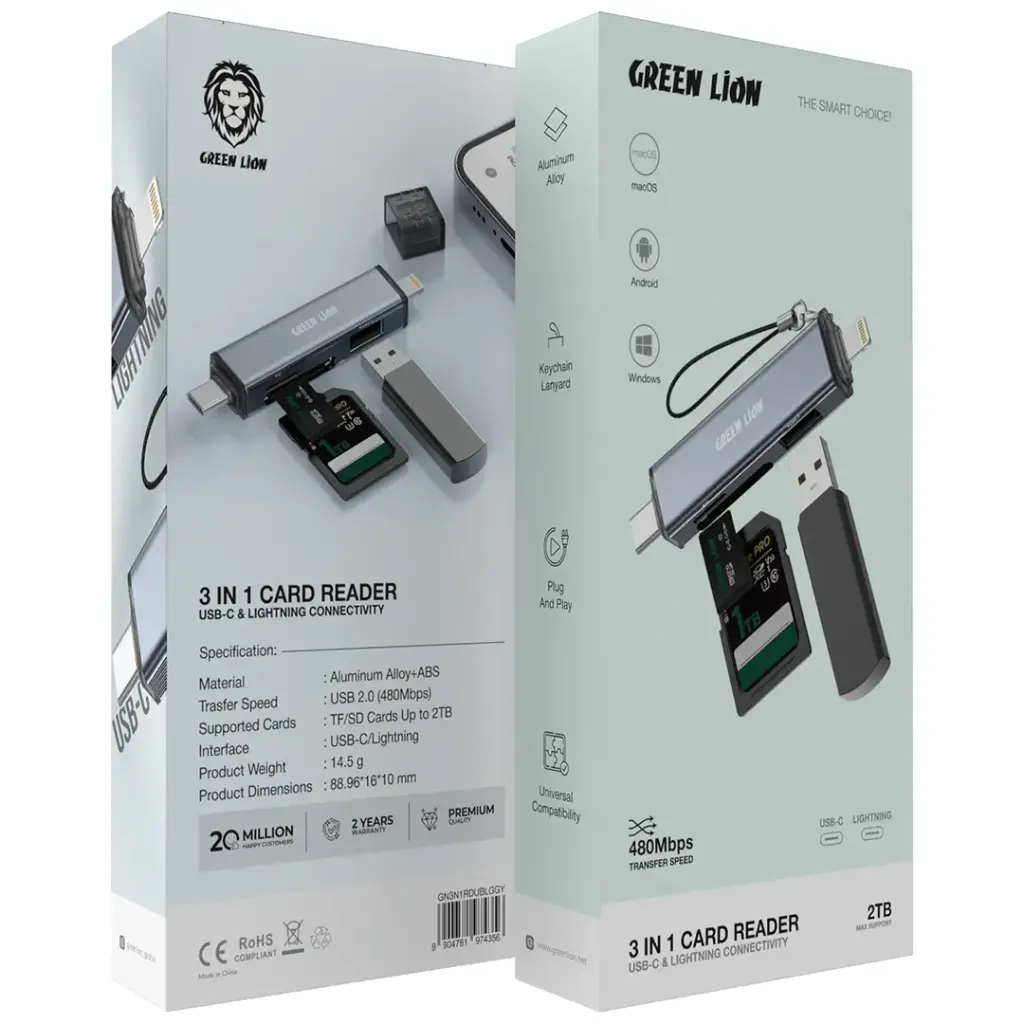 Green Lion 3 in1 Card Reader USB-C & Lightning Connectivity Green Lion 3 in1 Card Reader USB-C & Lightning Connectivity