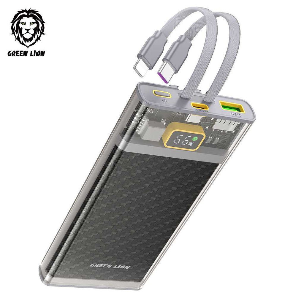 Green Lion Transparent 2 Power Bank with Integrated Cables 10000mAh - Gray