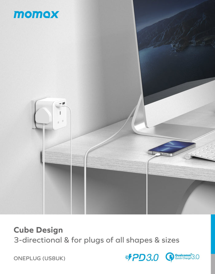 MOMAX ONEPLUG 3 OUTLET CUBE EXTENSION SOCKET WITH USB - GREY MOMAX ONEPLUG 3 OUTLET CUBE EXTENSION SOCKET WITH USB - GREY