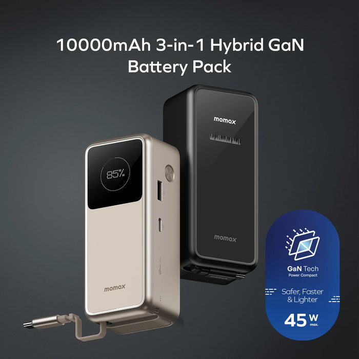 MOMAX 1-PAC-10000mAh 3IN1 HYBRID GAN BATTERY PACK WITH BUILT-IN RETRACTABLE CABLE MOMAX 1-PAC-10000mAh 3IN1 HYBRID GAN BATTERY PACK WITH BUILT-IN RETRACTABLE CABLE