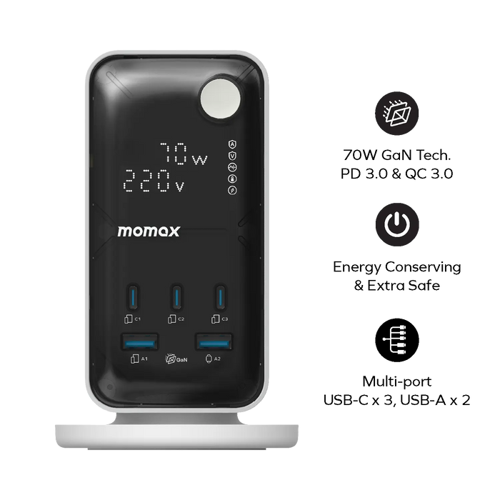 MOMAX 1-CHARGE 70W WORK FLOW 6-OUTLET DIGITAL DISPLAY POWER TOWER WITH USB MOMAX 1-CHARGE 70W WORK FLOW 6-OUTLET DIGITAL DISPLAY POWER TOWER WITH USB