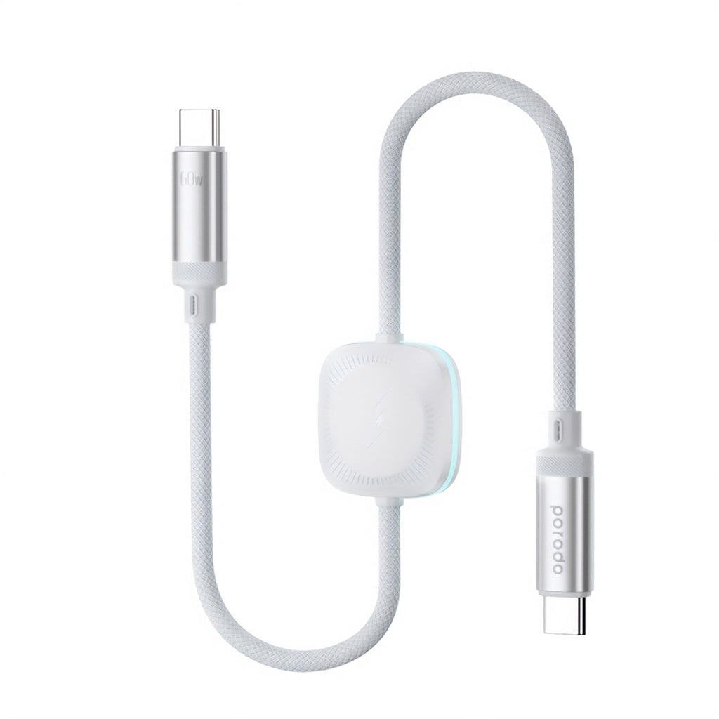 Porodo 2in1 USB-C to USB-C 60W Cable with Wireless Watch Charger 1.2M - White