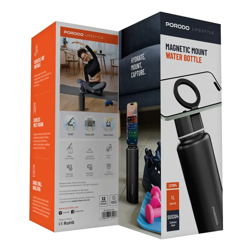 Porodo Lifestyle Magnetic Mount Water Bottle - Black Porodo Lifestyle Magnetic Mount Water Bottle - Black