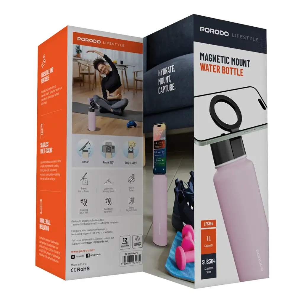 Porodo Lifestyle Magnetic Mount Water Bottle - Pink Porodo Lifestyle Magnetic Mount Water Bottle - Pink
