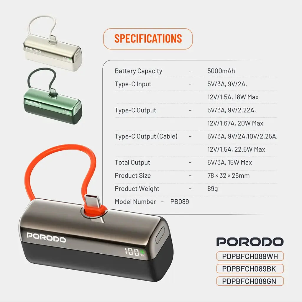 Porodo Pocket Volt 5000mAh Power Bank Porodo Pocket Volt 5000mAh Power Bank