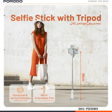 Porodo Malibu Selfie Stick with Tripod and Bluetooth Shutter Button - White