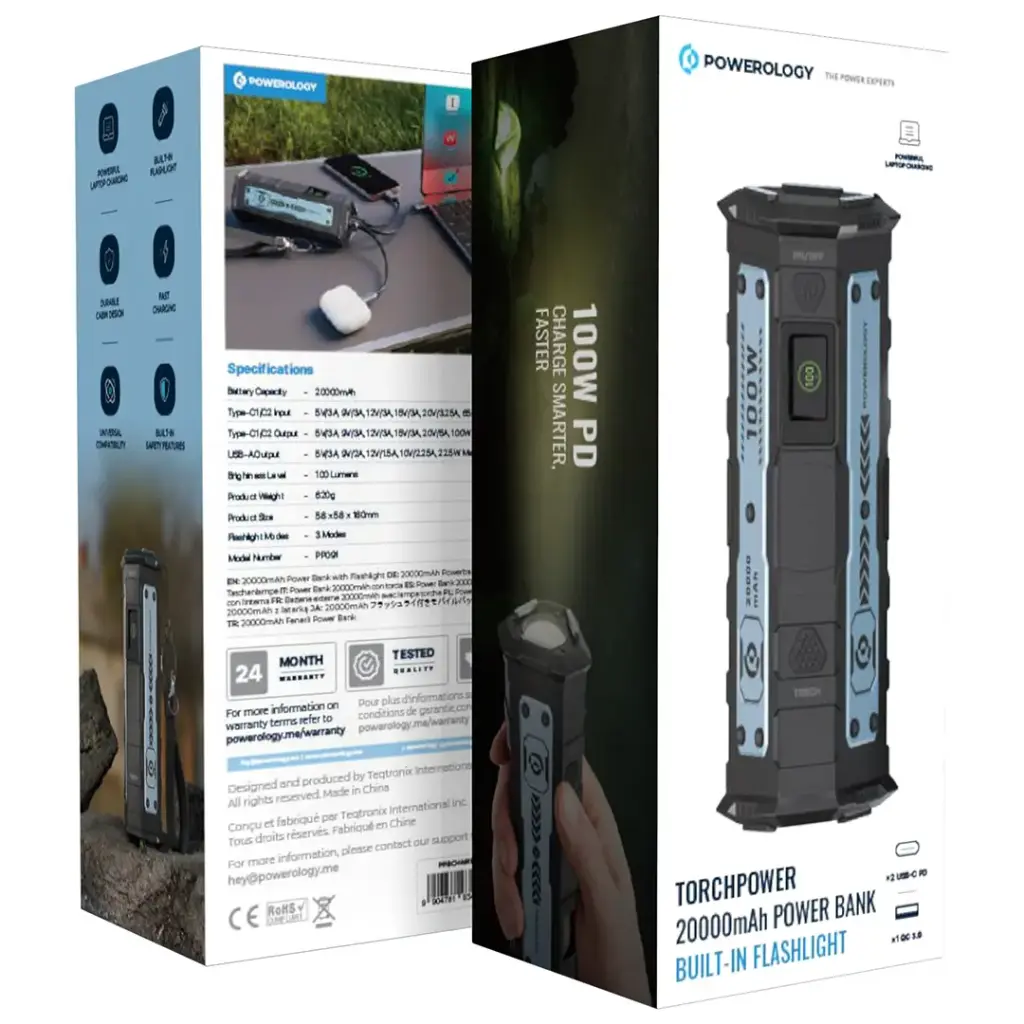 Powerology TorchPower 20000mAh Power Bank with Built-In Flashlight - Black Powerology TorchPower 20000mAh Power Bank with Built-In Flashlight - Black