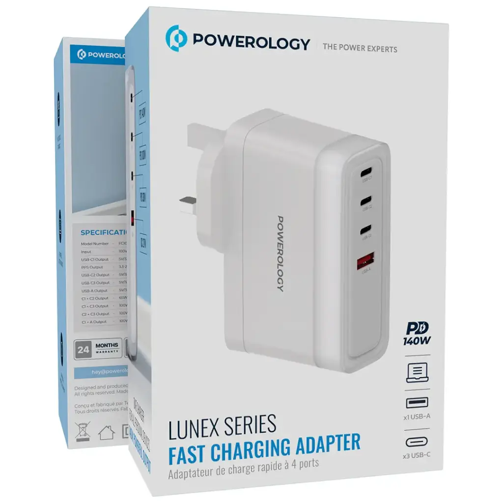 Powerology Lunex Series Fast Charging Adapter PD 140W - White Powerology Lunex Series Fast Charging Adapter PD 140W - White