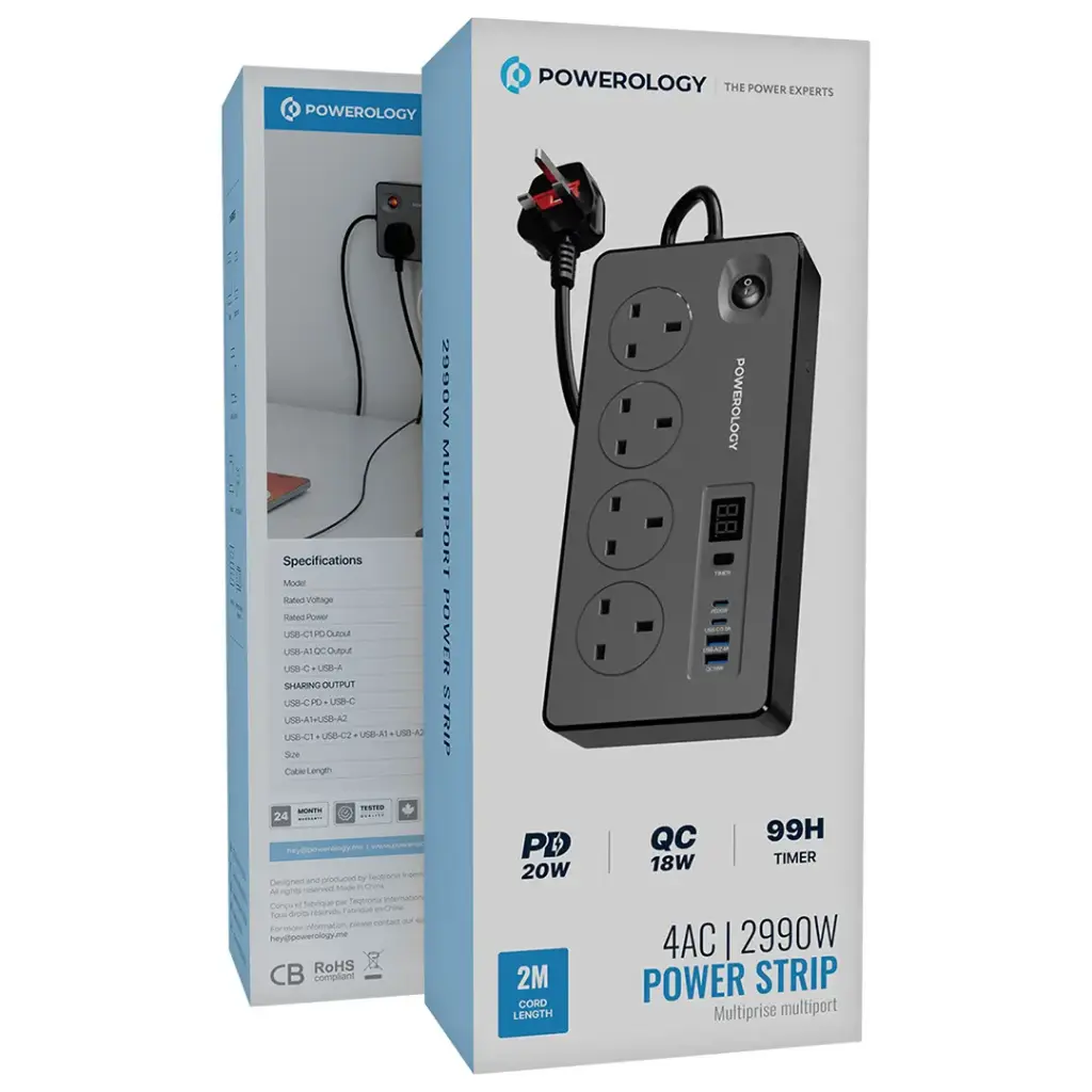 Powerology 4AC 2990W Power Strip - Black Powerology 4AC 2990W Power Strip - Black