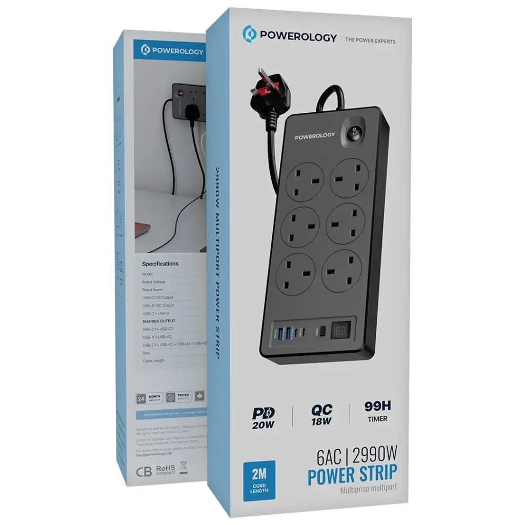 Powerology 6AC 2990W Power Strip PD 20W Powerology 6AC 2990W Power Strip PD 20W