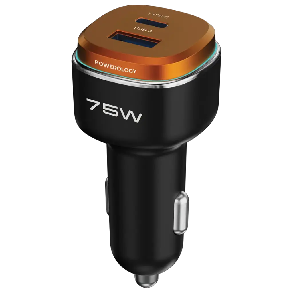 Powerology 75W Dual-Port High-Power Car Charger with Typc-C Cable