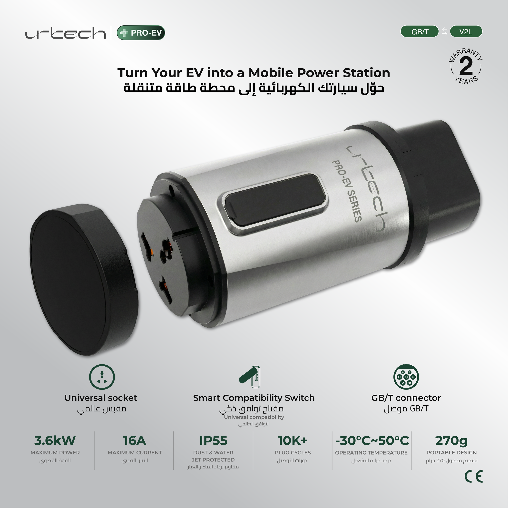 URTECH GB/T V2L Adapter  Transform Your EV Into a 3.6kW Mobile Power