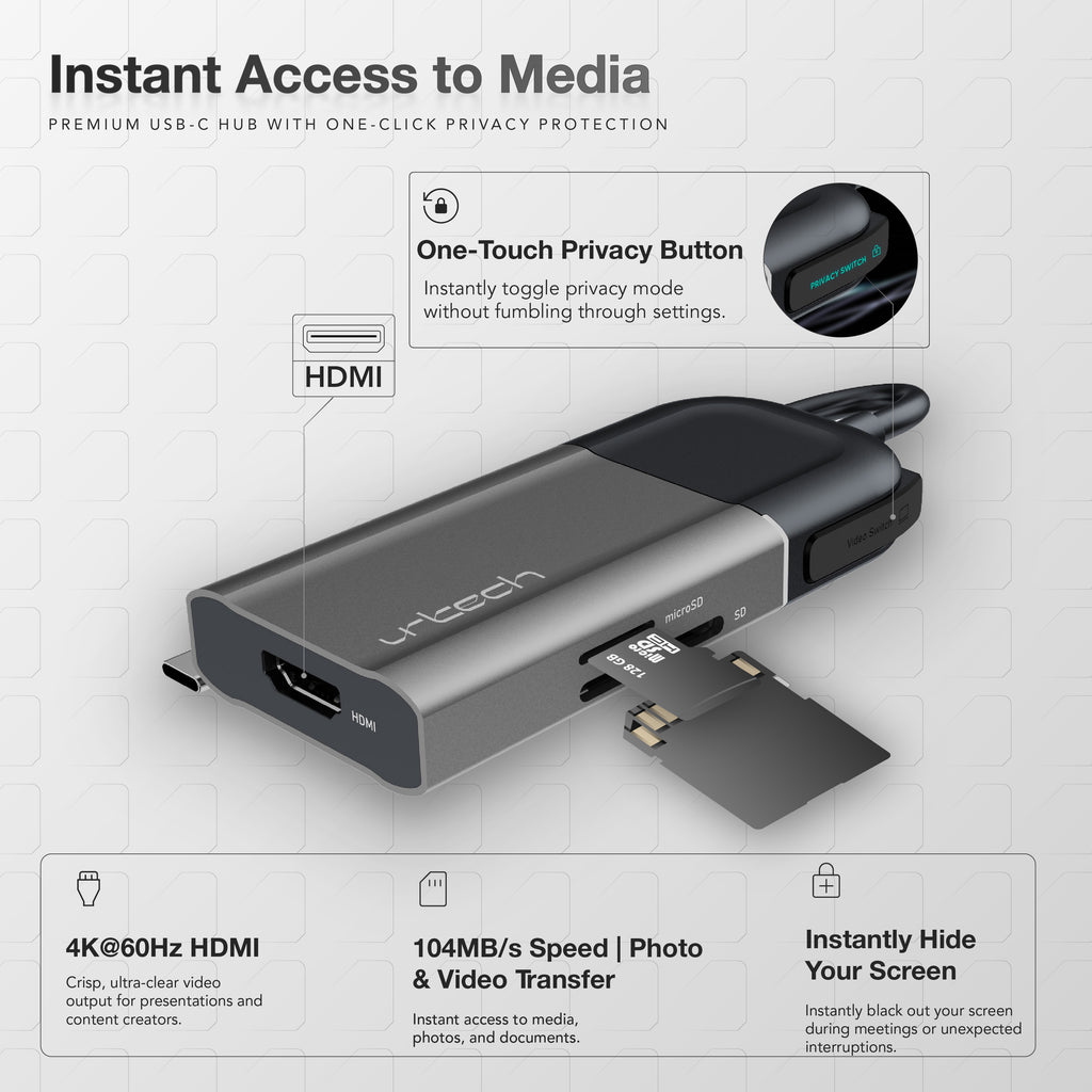 URTECH 6-in-1 USB-C Hub Privacy Screen Protection 4K HDMI SD Card Reader 100W PD Premium Aluminum Design URTECH 6-in-1 USB-C Hub Privacy Screen Protection 4K HDMI SD Card Reader 100W PD Premium Aluminum Design
