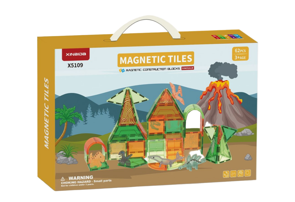 Toys Station Dinosaur Magnetic Tiles 3D Magnetic Construction Blocks (62 Pieces)