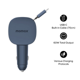 MOMAX 60W 2-PORT CAR CHARGER WITH BUILT-IN  CABLE
