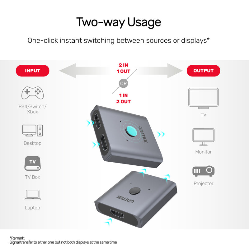 Unitek 4K 60Hz HDMI 2.0 Bi-Directional Switch 2 In 1 Out / 1 In 2 Out Unitek 4K 60Hz HDMI 2.0 Bi-Directional Switch 2 In 1 Out / 1 In 2 Out