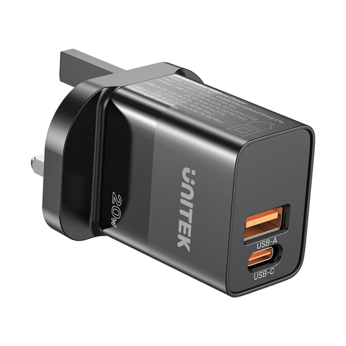 Unitek 20W 2-Port Wall Charger (USB-A QC + USB-C PD) Black and White