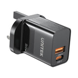 Unitek 20W 2-Port Wall Charger (USB-A QC + USB-C PD) Black and White