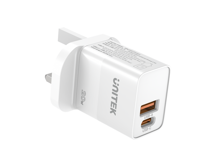 Unitek 20W 2-Port Wall Charger (USB-A QC + USB-C PD) Black and White Unitek 20W 2-Port Wall Charger (USB-A QC + USB-C PD) Black and White