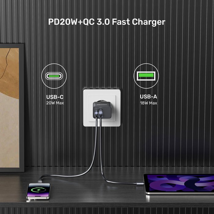 Unitek 20W 2-Port Wall Charger (USB-A QC + USB-C PD) Black and White Unitek 20W 2-Port Wall Charger (USB-A QC + USB-C PD) Black and White