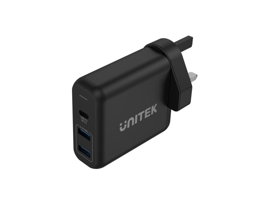 Unitek 60W USB-C PD QC3 3-Port Wall Charger UK Type Black Color