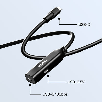 Unitek10Gbps USB-C Extension Cable with Built-in Signal Boosters 5 Meter Unitek10Gbps USB-C Extension Cable with Built-in Signal Boosters 5 Meter
