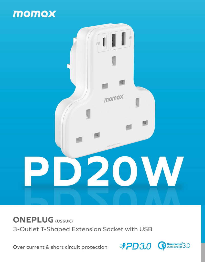 Momax Oneplug 3-Outlet T-Shaped Extension Socket With USB Momax Oneplug 3-Outlet T-Shaped Extension Socket With USB
