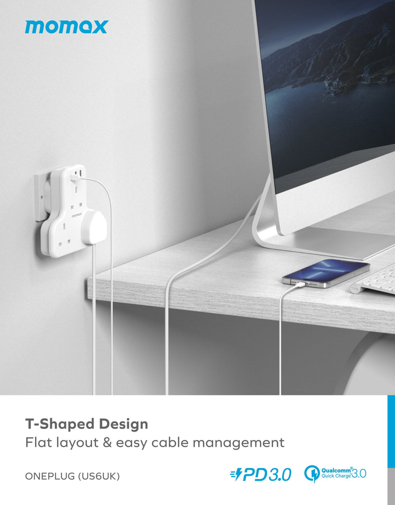 Momax Oneplug 3-Outlet T-Shaped Extension Socket With USB Momax Oneplug 3-Outlet T-Shaped Extension Socket With USB