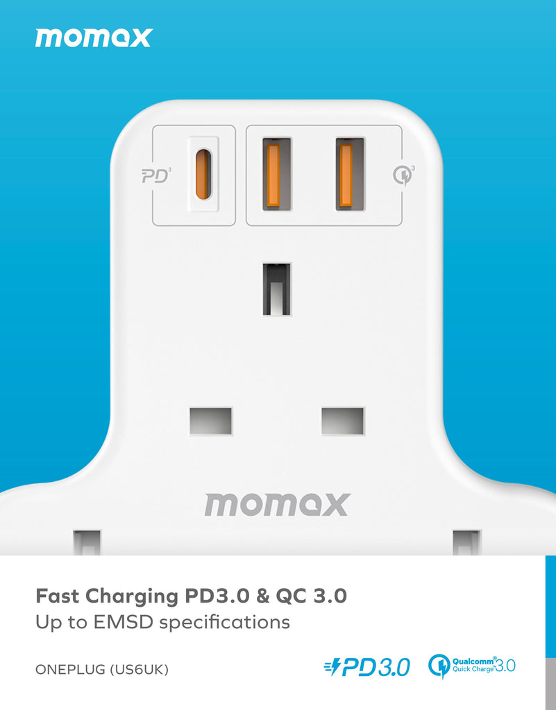 Momax Oneplug 3-Outlet T-Shaped Extension Socket With USB Momax Oneplug 3-Outlet T-Shaped Extension Socket With USB