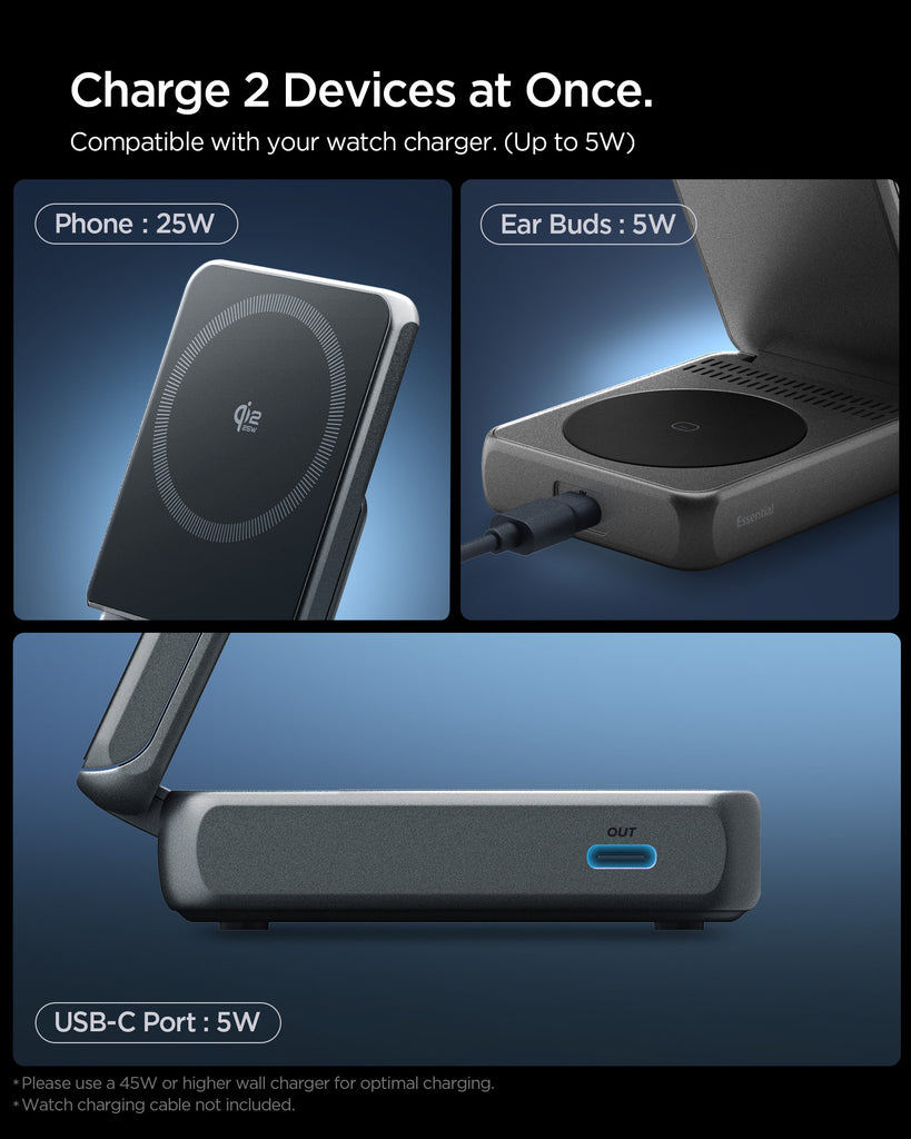 Spigen Essential MagFit Qi2.2 2-in-1+C Wireless Charger - Black Spigen Essential MagFit Qi2.2 2-in-1+C Wireless Charger - Black